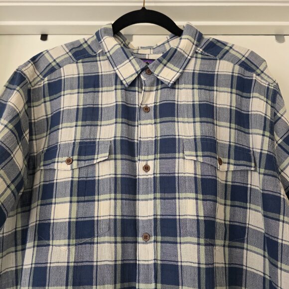 Patagonia Shirt Mens XL Blue Tan Plaid Organic Cotton Short Sleeve Button Up - Picture 2 of 7